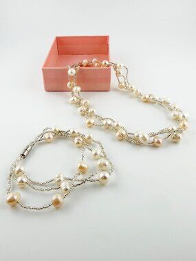 Freshwater Pearl & Silver Seed Bead Multistrand Necklace & Bracelet Set - Magnet